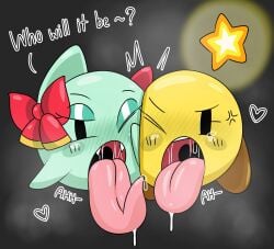 bodily_fluids boo_(mario) bow_ribbon cross-popping_vein duo english_text female ghost green_body heart_symbol hi_res lady_bow long_tongue looking_at_viewer mario_and_luigi_(series) mario_bros nintendo not_furry one_eye_closed open_mouth oral_invitation paper_mario question_mark saliva spirit star_sprite starlow surjang text tongue tongue_out yellow_body