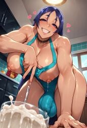 1futa ai_generated all_fours apron balls bent_over big_breasts blue_hair breasts bulge choker cum cum_drip cummandre exposed_breasts fate/grand_order fate_(series) futanari glass_cup heart kitchen large_breasts minamoto_no_raikou_(fate/grand_order) narrowed_eyes nipples pointing purple_eyes smile