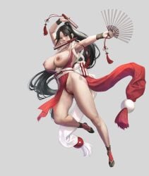 armpits bare_legs bare_shoulders big_breasts black_hair bow breasts brown_eyes censored clothing_aside fatal_fury female female_focus female_only female_pubic_hair folded_fan folding_fan full_body grey_background hand_fan high_ponytail highres holding holding_fan human human_only japanese_clothes jeneral jumping kimono light-skinned_female light_blush light_skin long_hair looking_at_viewer mai_shiranui midair midriff_peek mosaic_censoring mouth_hold ninja nipples no_bra obi parted_bangs pelvic_curtain ponytail pubic_hair pubic_stubble pussy red_kimono revealing_clothes revision rope sash sideboob simple_background sleeveless sleeveless_kimono snk socks solo tabi the_king_of_fighters thighs very_long_hair waistband wristband