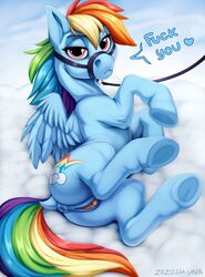 2018 anus clitoris cutie_mark dialogue english_text equine feathered_wings feathers female feral friendship_is_magic hi_res hooves leash looking_at_viewer mammal my_little_pony pegasus pussy rainbow_dash_(mlp) solo text underhoof wings zazush-una