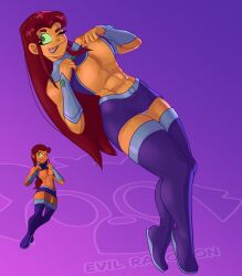 abs alien alien_girl big_breasts dc dc_comics evil_raccoon green_eyes koriand'r massive_breasts miniskirt muscles muscular muscular_female one_eye_closed orange_body orange_hair orange_skin red_hair red_hair redraw smile starfire teasing teen_titans tongue tongue_out underboob undressing