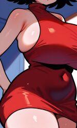 ai_generated anonymous_female female female_only giant_breasts girlfriend_(cosplay) girlfriend_(friday_night_funkin)_(cosplay) pixai red_dress short_hair sleeveless_dress wide_hips