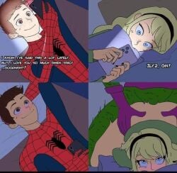 1girls 2boys all_fours cheating cheating_(relationship) cheating_female cheating_girlfriend cheating_with_villain dialogue duo english_dialogue female female_focus female_penetrated from_behind from_behind_position grabbing grabbing_ass grabbing_ass_while_penetrating grabbing_from_behind green_goblin gwen_stacy hands_on_ass infidelity male male/female male_penetrating male_penetrating_female marvel marvel_comics netorare norman_osborn ntr penetration penetration_from_behind penis_inside peter_parker sex sex_from_behind spider-man spider-man_(series)