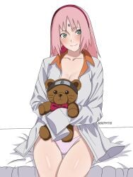 1girl 1girls after_sex almost_naked baggy_clothing bangs blush borrowed_clothes bowtie cleavage female female_focus female_only forehead_mark forehead_protector green_eyes hairband hi_res holding_object jacket konohagakure_symbol long_hair looking_at_viewer mostly_nude naruto naruto_(series) naruto_shippuden no_bra open_clothes open_jacket panties petite pink_hair pinup post-timeskip sakura_haruno sephtis sitting sitting_on_bed smile solo solo_female solo_focus stuffed_animal stuffed_toy teddy_bear upper_body watermark whisker_markings whiskers wide_sleeves