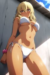 ai_generated beach big_breasts bikini blonde_hair blush breasts brown_eyes dark-skinned_female enormous_ass higa_kana long_hair naughty_face nipples nude_female okinawa_de_suki_ni_natta_ko_ga_hougen_sugite_tsurasugiru pov pussy sayaka_(artist)