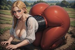 ai_generated ass_bigger_than_head big_breasts blonde-haired_female blonde_female blonde_hair blue_eyes blue_eyes_female breasts_jiggling chivalry_2 clothing farming giant_ass hyper_ass hyper_butt massive_ass massive_breasts medieval oc on_ground on_hands_and_knees outdoors outside peasant peasant_woman tagme