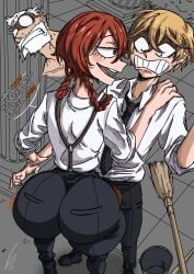 1boy 1girls 2025 anime ass ass_bigger_than_head bendraws big_ass big_butt character focus hand holding kazao_niko looking_at_another perspective sanda_(anime) sanda_kazushige sexy_pose spanish_dialogue spanish_text talking_to_another uniform