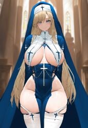 1girl ai_generated blonde_hair blue_eyes breast_curtains breasts church female long_hair nun pelvic_curtain skindentation smile thick_thighs thighhighs white_thighhighs wide_hips