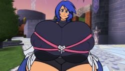 1girls ? alternate_breast_size aqua_(kingdom_hearts) barely_contained_breasts blue_eyes blue_hair clothed colacoot female hyper_breasts hyper_thighs kingdom_hearts kingdom_hearts_birth_by_sleep large_breasts medium_hair out_of_focus smile smiling_at_viewer solo_female thick_thighs
