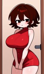 ai_generated female female_only giant_breasts girlfriend_(cosplay) girlfriend_(friday_night_funkin)_(cosplay) pixai red_dress short_dress sleeveless_dress wide_hips