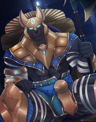 anthro armor bulge bulge_from_behind chacal chair furniture hi_res league_of_legends male male/male mondlight muscular nasus_(lol) riot_games solo tencent throne