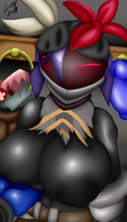 2018 anthro armor bechamel_(spiral_knights) big_breasts breasts clothing featureless female greey hi_res humanoid machine mostly_nude nipples red_eyes ribbons rule_63 solo spiral_knight spiral_knights torn_clothing unconvincing_armor video_games