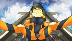 16:9 4k absurd_res aircraft airplane anthro arcanine breast_squish breasts cockpit eeveelution female generation_1_pokemon genitals hi_res hybrid jet masturbation nintendo pokemon pokemon_(species) pussy solo squish vaporeon vehicle vextrix vulva widescreen