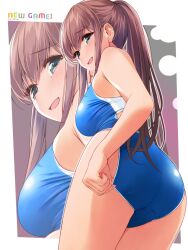 1girls adjusting_clothes adjusting_swimsuit ass big_ass big_breasts breasts brown_hair busty fat_ass female female_only from_behind green_eyes highres huge_ass large_breasts legs long_hair looking_at_viewer looking_back new_game! one-piece_swimsuit ponytail sideboob smile solo swimsuit takimoto_hifumi thick_thighs thighs tongue voluptuous