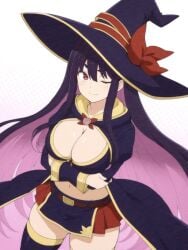 1girls big_breasts breast_hold breasts busty cleavage crossed_arms female female_only hat highres large_breasts legs long_hair midriff navel one_eye_closed pose posing purple_hair red_eyes seductive seductive_gaze seductive_smile sensual sentai_red_ga_isekai_de_boukensha_ni_naru skirt smile solo thick_thighs thighs very_long_hair voluptuous witch witch_hat yihdra_arvoln