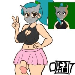 big_breasts big_penis blue_hair cjao_07 futa_only futanari mask masked masked_futa oc original_character peace_sign ponytail pose posing request skirt t-shirt