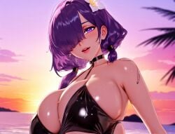 ai_generated ai_video animated animation azur_lane balecxi beach bending_forward bending_over cleavage close-up clothing_cutout earring female hair_flower hair_ornament hair_over_one_eye huge_breasts kling_ai leaning leaning_forward long_hair looking_at_viewer mogador_(azur_lane) mogador_(locker_room_lechery)_(azur_lane) navel ocean one-piece_swimsuit outdoors palm_tree parted_lips purple_eyes purple_hair sideboob sideways solo standing stay_blocky sunset swimsuit tagme talking_to_viewer thighs upper_body video water wet zoom_in