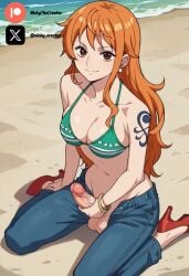 ai_generated big_breasts big_penis brown_eyes clothing cock colored dick fluids futa_only futanari futanari/female light_skin nami nami_(one_piece) one_piece one_piece_girls orange_hair penis sexy sexy_body sexy_pose tattoo testicles