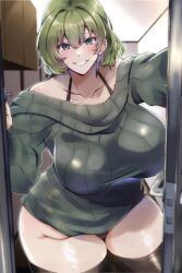 1girls ai_generated akina-chan black_panties breasts child_bearing_hips curvy female female_only green_eyes green_hair grin half-closed_eyes highres large_breasts legs looking_at_viewer mature mature_female mature_woman original original_character panties pantyshot pose posing sensual short_hair smile solo sweater thick_thighs thighs wide_hips