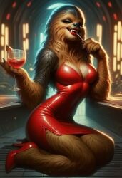 ai_generated alien breasts dress furry high_heels lipstick red_dress red_heels star_wars werewolfmortisad294 wookiee