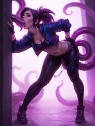 ai_generated clothing deepthroat k/da_akali k/da_all_out_series standing tentacle tentacle_in_mouth throat_fuck