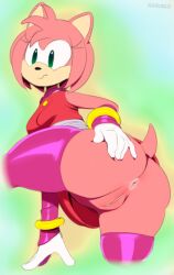 2010s 2014 amy_rose anthro anus ass ass_focus ass_up black_nose dead_source digital_media_(artwork) eyelashes female gloves green_eyes hand_on_own_ass hedgehog hedgehog_humanoid looking_at_viewer no_panties no_panties_under_dress pink_body pink_fur pink_hair presenting presenting_hindquarters purple_thighhighs pussy sega shaved_pussy simple_background sleeveless sleeveless_dress solo sonic_the_hedgehog_(series) sunibee tail thighhighs white_gloves wristband