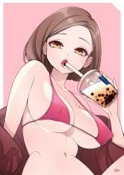 1girls absurd_res absurdres areola_bulge bare_arms bare_belly bare_chest bare_midriff bare_navel bare_shoulders bare_skin belly belly_button bikini bikini_top boba_tea breasts brown_eyebrows brown_eyes brown_eyes_female brown_hair brown_hair_female bust_cup busty busty_female busty_girl cleavage collarbone dot_nose drinking exposed_arms exposed_belly exposed_chest exposed_midriff exposed_navel exposed_shoulders exposed_skin fair_skin female female_focus female_only fingers high_resolution highres large_breasts lean_body lean_figure light-skined_female light-skinned light-skinned_female light_skin light_skin_female light_skinned light_skinned_female looking_at_viewer looking_down looking_down_at_viewer medium_hair midriff narrow_waist navel nieow-san nipple_bulge open_mouth original original_art original_artwork original_character parted_bangs parted_lips pink_background pink_bikini pink_bikini_top pink_string_bikini pink_swimsuit pink_swimwear short_hair shoulders simple_background slender_body slender_waist slim_girl slim_waist smooth_skin solo string_bikini swimsuit swimwear thin_waist tongue tongue_out underboob upper_body upper_teeth