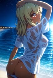 1girl ai_generated ass ass_focus big_ass big_breasts blonde_hair blush brown_eyes enormous_breasts female_only higa_kana large_ass long_hair nipples okinawa_de_suki_ni_natta_ko_ga_hougen_sugite_tsurasugiru panties_down showing_ass solo_female tongue_out uncensored wet wet_clothes wet_shirt