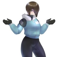 1girls artist_request black_gloves black_pants blue_jacket brown_hair clothed cryo_ranger_(tdx) female female_only fur-trimmed_jacket roblox roblox_game robloxian short_hair shrug solo source_request standing tagme thighs tower_defense_x