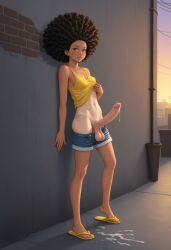 afro against_wall ai_generated alley anabela_(nightywheat) civitai cum cum_on_floor dark_hair erection flip_flops futanari jean_shorts large_balls large_penis nightywheat nipples_visible_through_clothing raised_shirt saggy_balls short_shorts sunset tan_lines tan_skin yellow_topwear