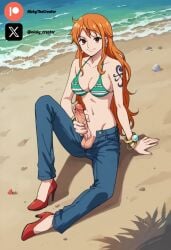 1futa ai_generated big_breasts big_penis brown_eyes clothing cock colored dick dickgirl fluids full-package_futanari futa_only futanari futanari/female futanari_masturbation light_skin masturbation nami nami_(one_piece) one_piece one_piece_girls orange_hair penis sexy sexy_body sexy_pose tattoo testicles veiny_penis