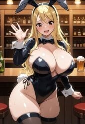 1girls ai_generated big_breasts big_breasts blonde_female blonde_hair blonde_hair blonde_hair_female blush breasts breasts brown_eyes bunny_ears bunnysuit clothed clothed_female clothing eyebrows eyelashes fairy_tail female female_only front_view huge_breasts indoors legwear light-skinned_female light_skin looking_at_viewer lucy_heartfilia pale-skinned_female pale_skin revealing_clothes ribbon solo solo_female standing sweat sweatdrop thick_thighs thighhighs thighs voluptuous voluptuous_female waving white_skin