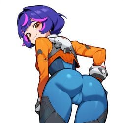 ai_assisted bodysuit bubble_butt cameltoe juicyai juno_(overwatch) looking_back presenting_ass presenting_pussy