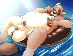 2020 anthro balls belly big_balls bravo brown_body brown_fur canid canine eyewear flaccid fur genitals humanoid_hands lying male male_only mammal outside overweight overweight_anthro overweight_male penis raccoon_dog solo sunglasses tanuki water