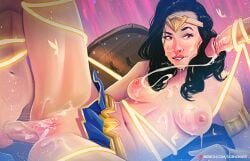 1girls 2boys 2boys1girl 2d 2d_(artwork) areolae black_hair breasts cum cum_in_pussy cum_inside cum_on_body cum_on_breasts cum_on_face diana_prince dorndraws female female_focus hi_res high_resolution highres large_breasts lasso_of_truth nipples shield simple_background tiara vaginal_penetration wonder_woman wonder_woman_(series)