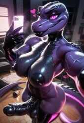 abs ai_generated armpit balls black_legwear black_penis breasts floating_heart futanari heart latex lizard love muscular no_artist penis reptilian scalie selfie solo thighhighs veiny_penis