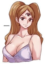 3_eyes aosora brown_eyes brown_hair charlotte_pudding cleavage clothing female female_only forehead_eye fully_clothed looking_at_viewer multi_eye one_piece sideboob smile white_background