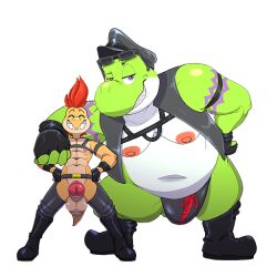 abs anthro armband athletic athletic_anthro athletic_male balls boots chaps closed_eyes clothed clothing duo elotes_en_vaso erection eyewear eyewear_on_head fan_character fingerless_gloves footwear genitals gloves green_body green_scales green_yoshi grin hair half-closed_eyes handwear harness hat headgear headwear humanoid_genitalia humanoid_penis koopa koopa_troopa leather_daddy male mario_bros multicolored_body multicolored_scales muscle_tone narrowed_eyes nintendo open_clothing open_topwear open_vest orange_body orange_hair orange_scales overweight overweight_anthro overweight_male peaked_cap pecs penis reptile scales scalie shoes size_difference smile smirk smug smug_face smug_grin sunglasses sunglasses_on_head tan_body tan_scales thong tinto_(nkz) topwear two_tone_body two_tone_scales underwear veni_(nkz) vest white_body white_scales yoshi