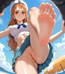 1girls ai_generated beach big_breasts breasts clothing crop_top feet female female_only foot_fetish foot_focus from_below hat looking_at_viewer nami nami_(one_piece) no_panties one_piece outdoors pussy sailor_hat sailor_uniform seacreator shounen_jump skirt smile soles solo standing_on_one_leg toes trample upskirt