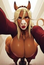 ai_generated ametraxus blonde_hair cleavage crystal_longtail equid equine erect_nipples eyeliner furry futanari horse horsecock huge_ass huge_balls huge_breasts huge_cock long_tail milf nose_piercing red_lipstick selfie tail voluptuous