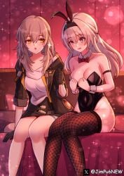 2girls alternate_version_available bunnysuit cleavage firefly_(honkai:_star_rail) fully_clothed honkai:_star_rail jimpu6 stelle_(honkai:_star_rail)