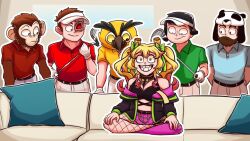 1girls 5boys artist_request banana_bus_squad bigjigglypanda black_hair blonde_hair brown_hair casting_couch clothed couch couch_sitting daithi_de_nogla first_porn_of_character golf_cap golf_glove golf_outfit lui_calibre meme monkey_boy multiple_boys owl_boy panda_hat pastaroniravioli piper_perri_surrounded smiling sole_female tagme terroriser vanoss vtuber