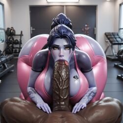 1girls ai_generated amelie_lacroix big_breasts big_penis big_thighs blacked blowjob blue_body blue_hair cock_worship dark-skinned_male dark_skin hi_res highres huge_breasts huge_cock interracial looking_at_viewer overwatch overwatch_2 widowmaker