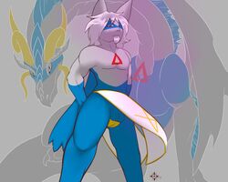 2boys anthro anthrofied balls blue_fur cuntboy dragon duo full-package_cuntboy furry grey_eyes hair herm hermaphrodite intersex latios legendary_pokemon male male_focus male_only maleherm multi_genitalia nintendo no_nipples original_character penis pokemon pokemon_(species) pokemon_rse pussy scalie solo solo_focus standing testicles video_games watermark white_fur white_hair