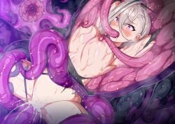 arms_up blush breasts censored crying cum cum_overflow excessive_cum fate/grand_order fate_(series) female glowing glowing_eyes green_hair grey_hair hair_between_eyes horosuke huyan_zhuo_(fate) large_breasts mosaic_censoring multicolored_hair nipple_stimulation nipple_tweak nipples oral purple_eyes rape see-through_clothes solo spread_legs streaming_tears tearing_up tears teeth tentacle tentacle_pit tentacle_sex torn_clothes vaginal_penetration