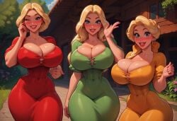 3girls ai_generated beauty_and_the_beast blonde_hair blue_eyes blush bursting_breasts civitai claudette_(red) cleavage curvy disney dress huge_breasts laurette_(yellow) long_hair mamely32 open_mouth outdoors paulette_(green) smile the_bimbettes the_triplets wink