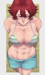 1girls abs aizawa_tomo arms_behind_back athletic_female big_breasts blush breasts cleavage fit_female hourglass_figure large_breasts light-skinned_female limn044 muscular_female navel oerba_yun_fang red_eyes red_hair short_hair slim_waist teenage_girl teenager tomboy tomo-chan_wa_onna_no_ko wide_hips