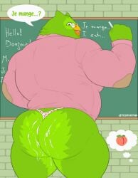 2025 absurd_res anthro ass avian barazoku beak belt big_butt big_muscles bird bodily_fluids bottomwear bubble_butt chalk chalkboard classroom clothed clothing cum cum_on_butt dialogue dress_shirt duo_(duolingo) duolingo emoji english_text eyewear feathers food french_text fruit genital_fluids glasses heart_clothing heart_symbol heart_thong heart_underwear hi_res holding_object huge_butt huge_muscles huge_thighs inside looking_at_viewer looking_back looking_back_at_viewer male mascot musclegut muscular muscular_anthro muscular_male offscreen_character open_mouth open_smile owl pattern_clothing pattern_thong pattern_underwear peach_(fruit) plant rear_view school shirt smile solo standing talking_to_viewer teacher text thick_arms thick_thighs thong thought_bubble tight_clothing topwear tuft tylerstark underwear wall_(structure)