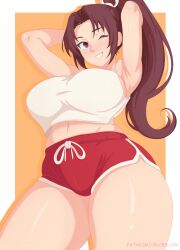 1girls armpits arms_behind_head artist_name big_breasts blush breasts brown_eyes brown_hair busty capcom celebelian child_bearing_hips cleavage confident fatal_fury female female_only grink hair_ribbon highres king_of_fighters large_breasts legs long_hair looking_at_viewer mai_shiranui midriff navel one_eye_closed parted_lips pose posing ribbon sensual sexy_armpits short_shorts shorts smile snk solo street_fighter street_fighter_6 tank_top thick_thighs thighs voluptuous wink