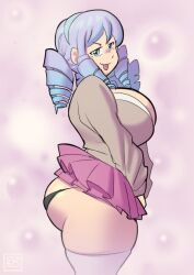 blue_hair huge_ass huge_breasts kumaccino mina_(kumaccino) oc short_skirt skirt thick_thighs twin_drills